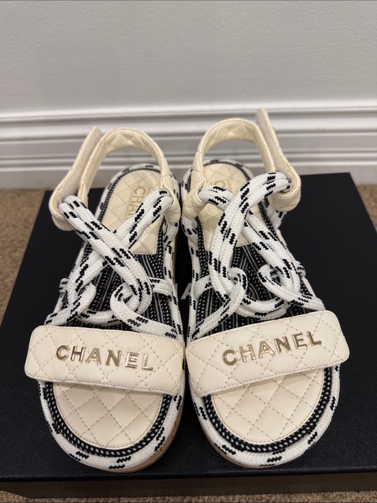 CHANEL Shoes - CHANEL Cruise Quilted Rope Sandals White Navy Cork Leather 37 Worn Once Full Set